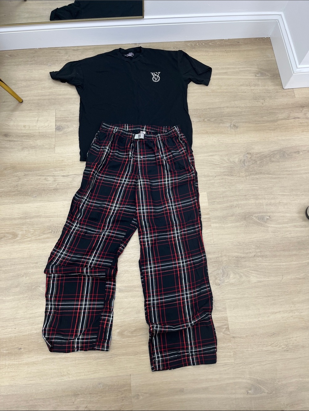 Victoria's Secret Black Tee with Red & White Plaid Pajama Pants